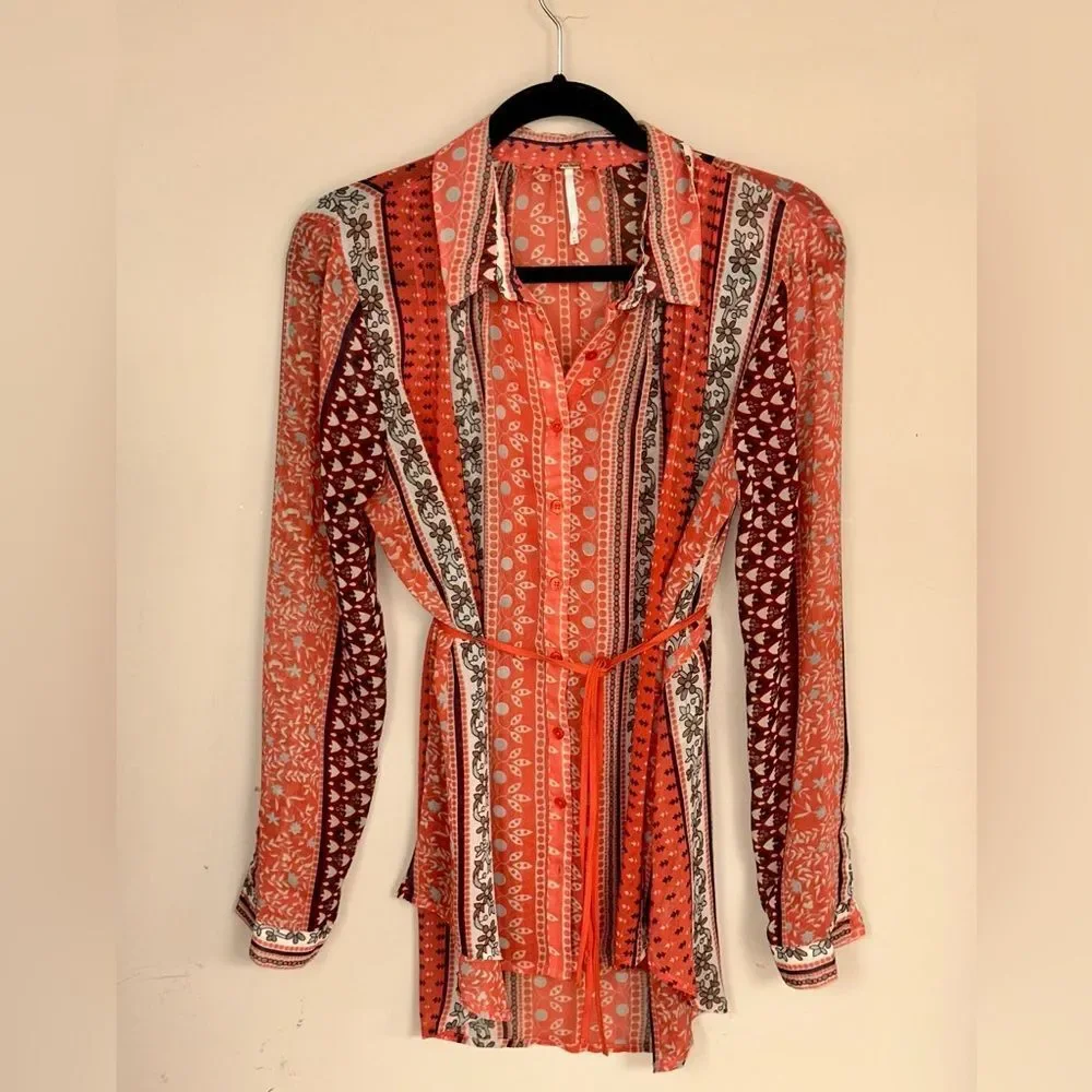 Free People Red, White & Black Sheer Patterned Blouse